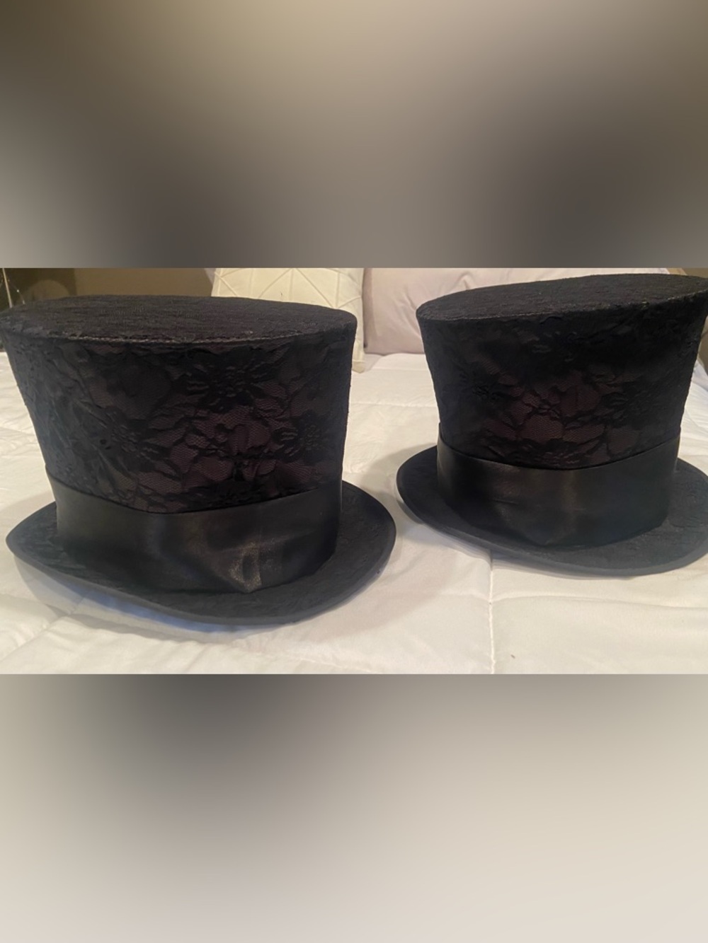 Pair of Black Lace Top Hats w/ lace overlay & satin band - 8” tall